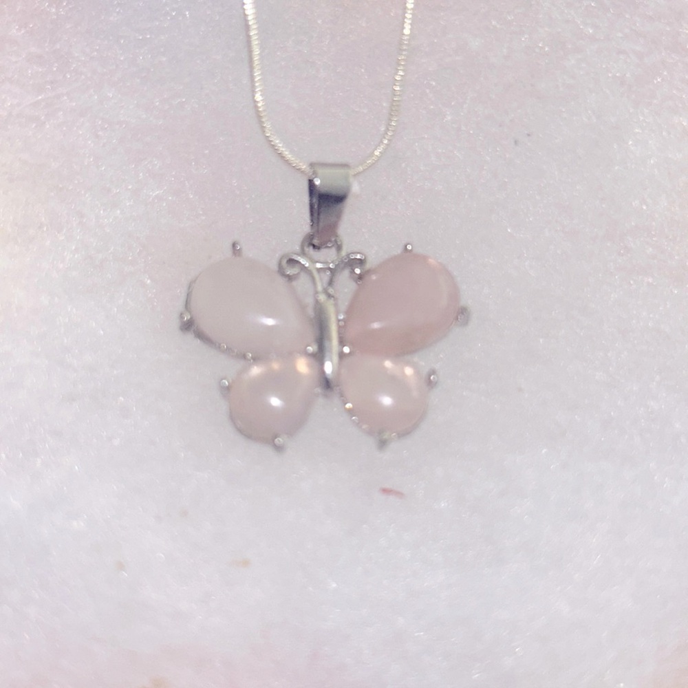 Boho hippie Rose Quartz Crystal Butterfly Sterling Silver 24” Necklace